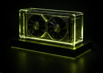 A glass GPU on a black plinth